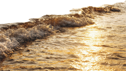 Ocean Waves at Sunset: Ocean waves rolling in at sunset with golden reflections on the water, isolated on a Transparent background, PNG file.