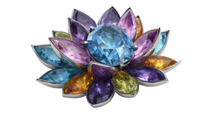 Pendant in the shape of a lotus flower with gemstone petals, isolated on a Transparent background, PNG file.