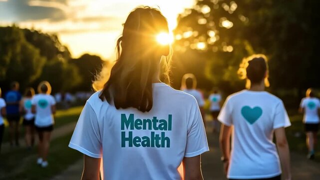 People walking for mental health awareness at sunset. Support and community.