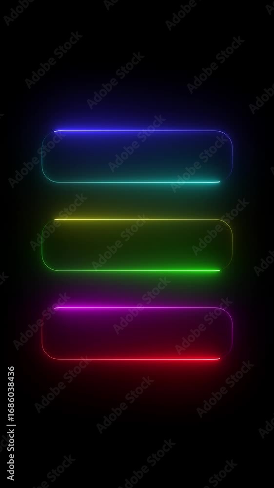 Poster three horizontal rounded rectangle neon light frames with blue green and red glows on black backgrou