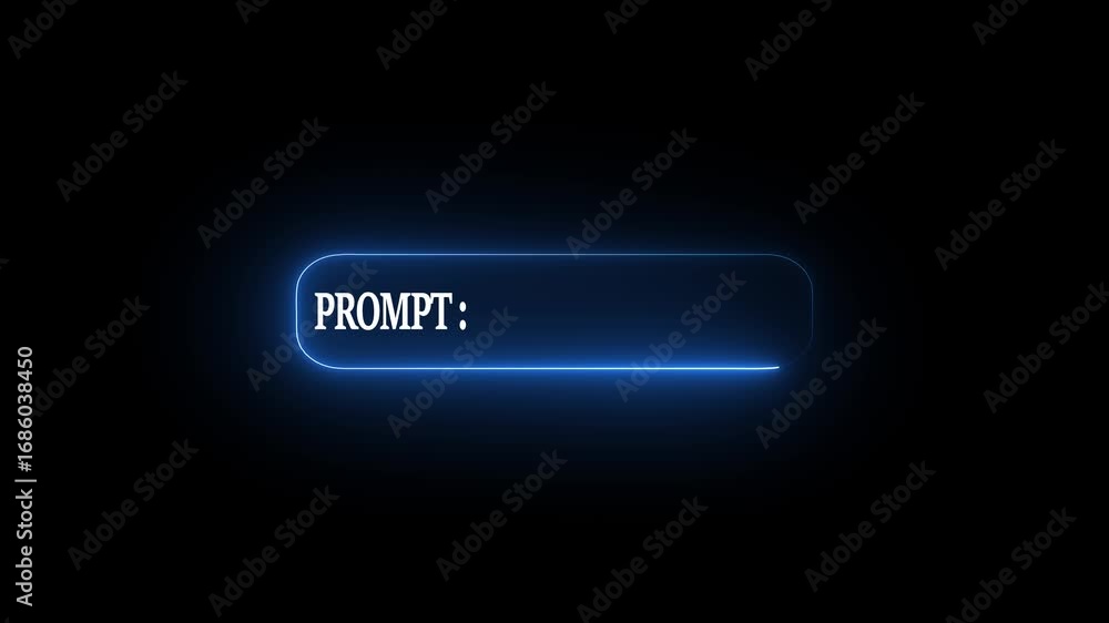 Poster blue neon light rounded rectangle frame with text prompt on black background border glowing
