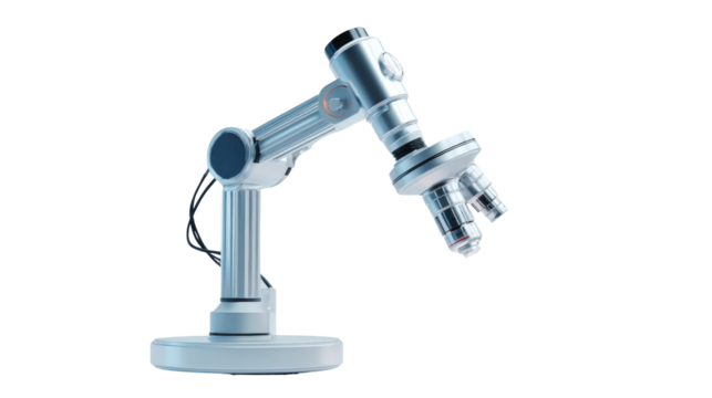 Precision surgical microscope with adjustable light, isolated on a Transparent background, PNG file.