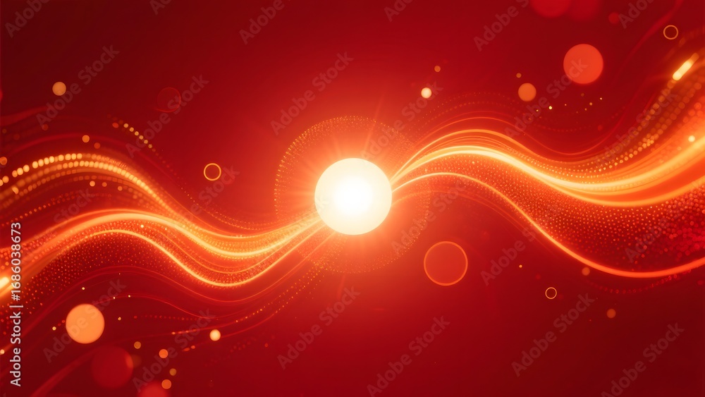 Poster dynamic red waves with glowing light and particles