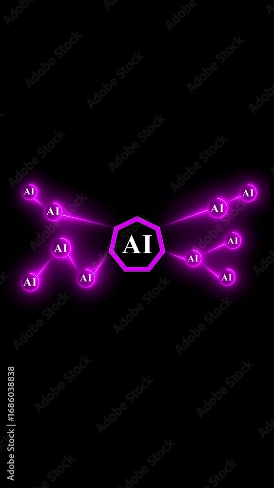 Poster ai network structure with glowing purple neon lights and text on black background vertical artificia