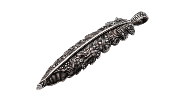 Pendant shaped like a feather with intricate patterns and diamond tips, isolated on a Transparent background, PNG file.