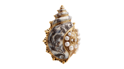 Pendant shaped like a seashell with intricate engraving and pearl accents, isolated on a Transparent background, PNG file.