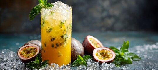 Refreshing passion fruit mojito recipe summer cocktail drink idea tropical beverage with mint and ice cubes