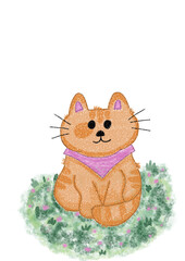 an orange cat wearing a pink scarf is sitting at the flower garden