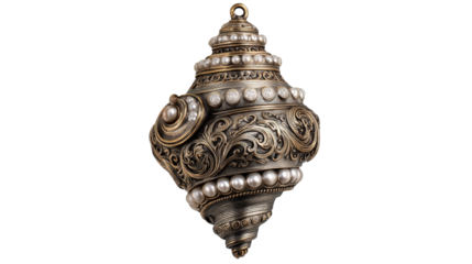 Pendant shaped like a seashell with intricate engraving and pearl accents, isolated on a Transparent background, PNG file.