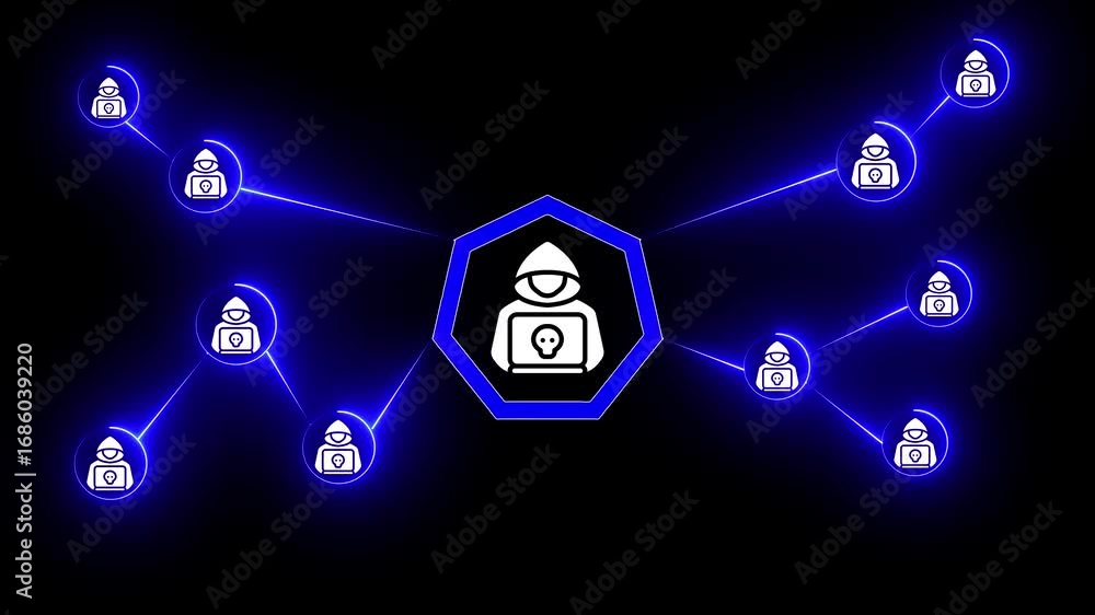 Poster hacker network concept with glowing blue connections and icons on black background cyber security