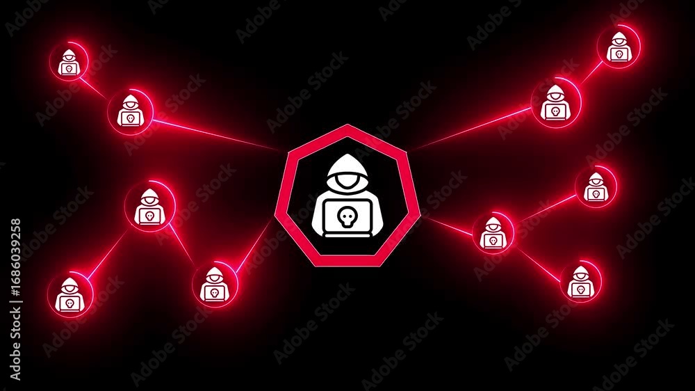 Poster cyber threat network with red glowing connections and hacker icons on dark background security