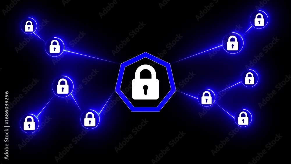 Poster secure network concept with glowing blue connections and lock icons on black background security pro