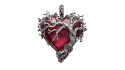 Pendant shaped like a tree with detailed branches and a large ruby heart, isolated on a Transparent background, PNG file.