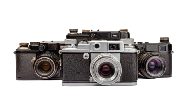 Vintage Cameras: Classic vintage cameras with detailed lenses and textured bodies, isolated on a Transparent background, PNG file.