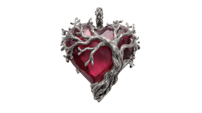 Pendant shaped like a tree with detailed branches and a large ruby heart, isolated on a Transparent background, PNG file.