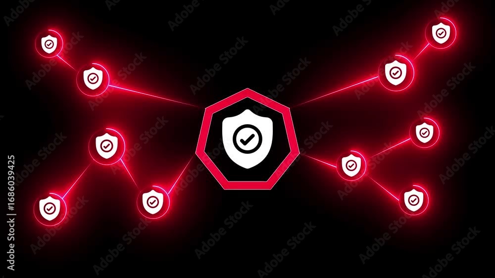 Poster network security concept with glowing red lines and shield icons on black background digital technol
