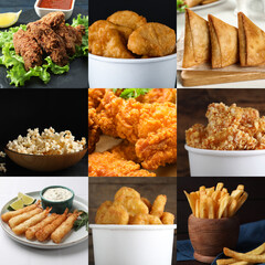 Collection of different foods with crispy texture, collage