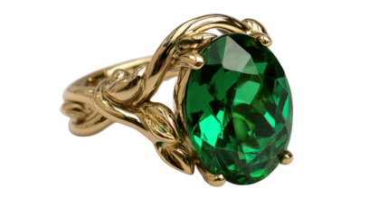 Ring designed as a coiled vine with a large emerald as the centerpiece, isolated on a Transparent background, PNG file.
