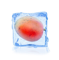 Ripe mango fruit in ice cube isolated on white