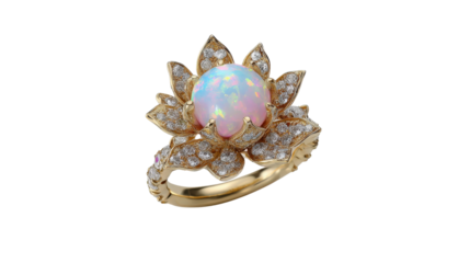 Ring designed like a blooming lotus with diamonds and a central opal, isolated on a Transparent background, PNG file.
