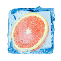 Half of fresh orange inside ice cube on white background
