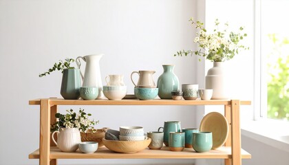Pastel Ceramics and Flowers on Wooden Shelf Vignette