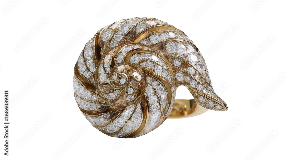 Poster ring designed to resemble the swirling pattern of a snails shell with diamonds, isolated on a transp