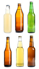 Different types of fresh beer in glass bottles isolated on white, set