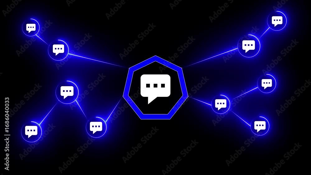 Poster abstract network of glowing blue chat bubbles and lines connecting to a central hexagon on a black b
