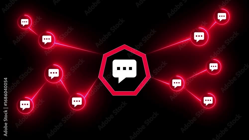 Poster abstract network of glowing red chat bubbles and lines connecting to a central hexagon on a black ba