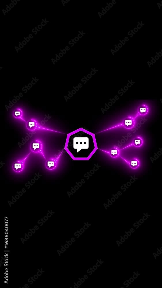 Poster abstract network of glowing purple chat bubbles and lines connecting to a central hexagon on a black