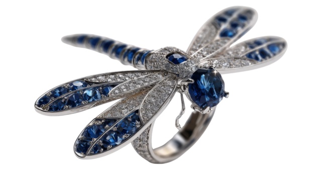 Ring shaped like a dragonfly in flight with diamond and sapphire wings, isolated on a Transparent background, PNG file.