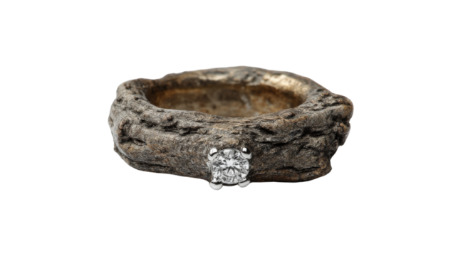 Ring shaped like a tree trunk with a small diamond "sap", isolated on a Transparent background, PNG file.