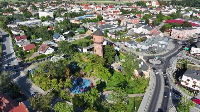 Aerial Strzelno Poland water tower historic circle. Central north Poland. German occupation World War II. Farm rural area. Historical trade and religious center. Historic buildings rural village.
