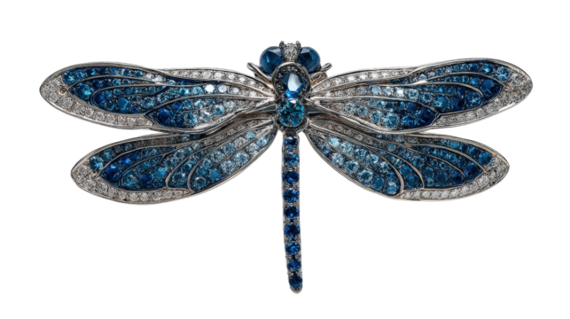 Ring shaped like a dragonfly in flight with diamond and sapphire wings, isolated on a Transparent background, PNG file.