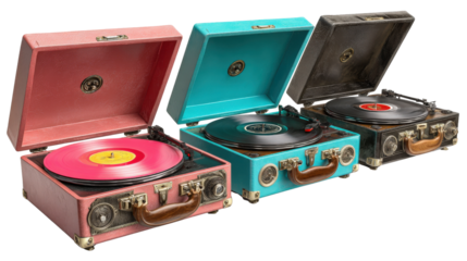 Vintage Record Players: Classic vintage record players with vinyl records spinning, isolated on a Transparent background, PNG file.