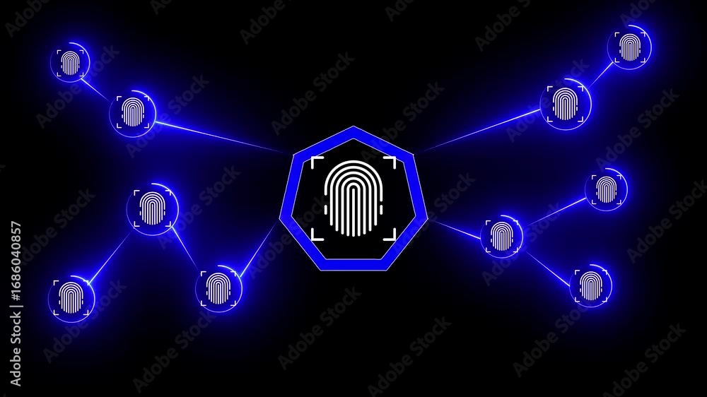 Poster digital network of fingerprint icons connected by neon blue lines on black background biometric secu