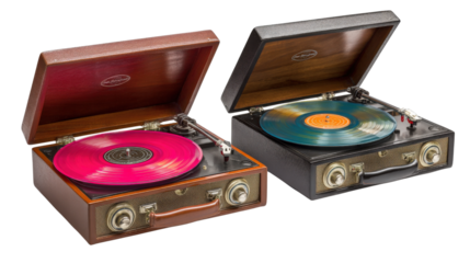 Vintage Record Players: Retro record players with spinning vinyl records and classic designs, isolated on a Transparent background, PNG file.