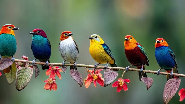 Vibrant tanagers perched on a branch with red flowers, a colorful tropical scene.