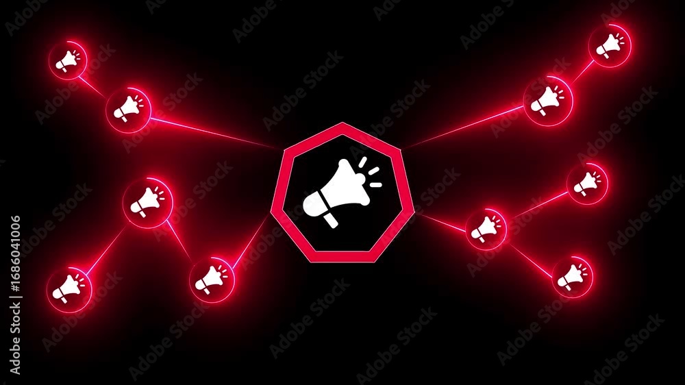 Poster vivid red megaphone network connected to central hub on black background connection communication