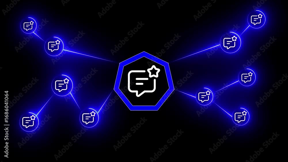 Poster blue chat bubble and star network connected to central hub on black background message communication