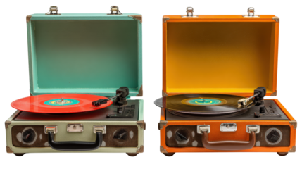 Vintage Record Players: Retro record players with vinyl records spinning and warm colors, isolated on a Transparent background, PNG file.