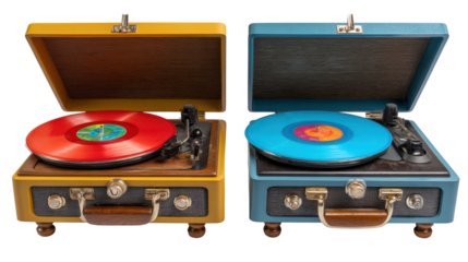 Vintage Record Players: Retro vintage record players with classic vinyl records, isolated on a Transparent background, PNG file.