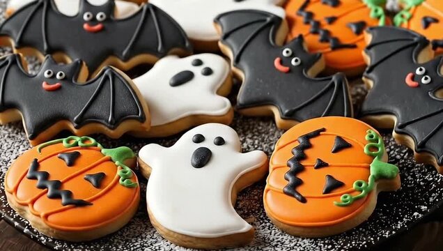 Assortment of halloween themed cookies with bats ghosts and pumpkins on a speckled surface