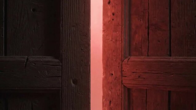 A partially open wooden door with a bright light shining through the opening in the darkness. halloween theme