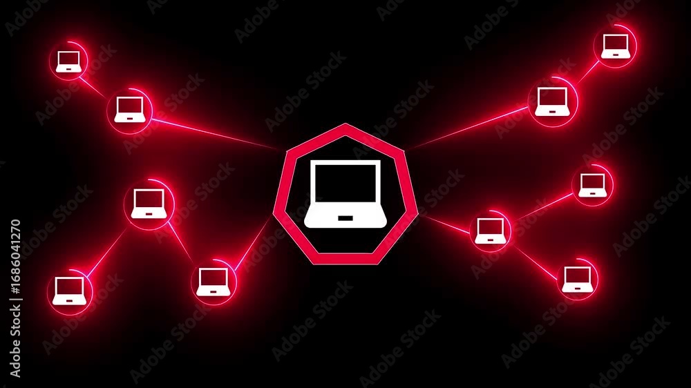 Aufkleber digital network connection with red neon lines and laptop icons on black background abstract bright
