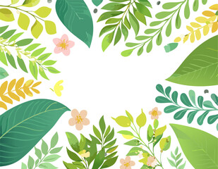 Fresh botanical frame with green leaves and pink flowers.