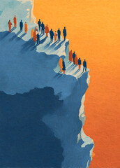 A group of stylized people standing together on a cliff edge.