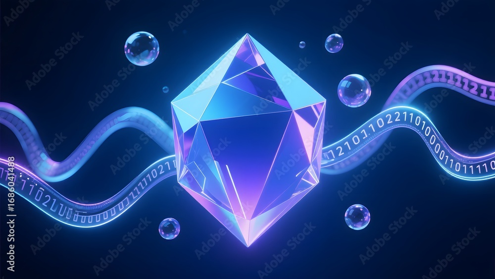 Aufkleber a glowing, multifaceted crystal surrounded by binary code streams and floating spheres in a futurist