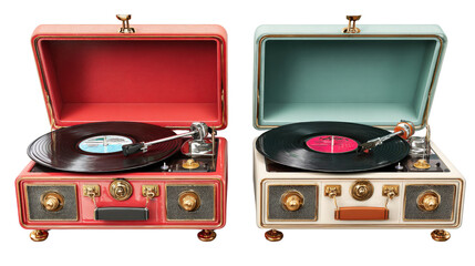 Vintage Record Players: Retro-style vintage record players with vinyl records spinning and nostalgic vibes, isolated on a Transparent background, PNG file.